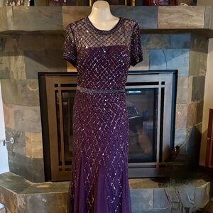 Adrienne Papell Eggplant Purple Beaded Tulle Godet Princess Dress 14